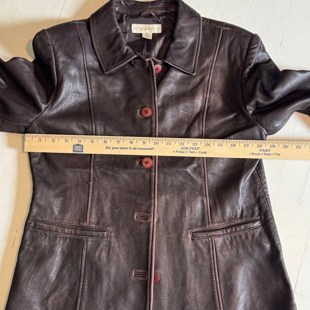 90s Vintage Brown Patina Leather Jacket Button Front Car Coat Eclectic Matrix M - Picture 8 of 9